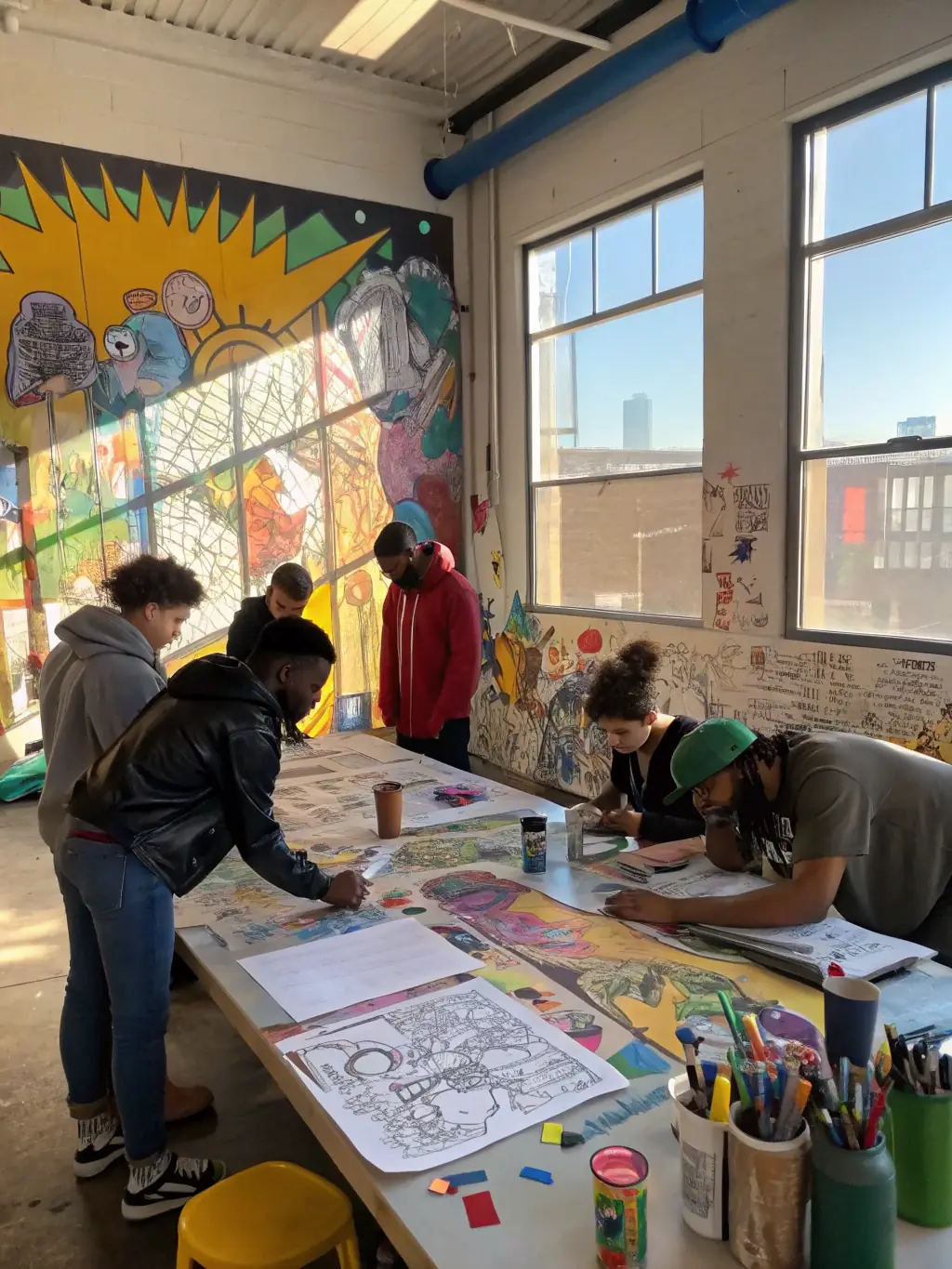 A photo of artists collaborating on a mural project in a community space, showcasing the collective's commitment to public art and community engagement, with bright colors and dynamic composition.