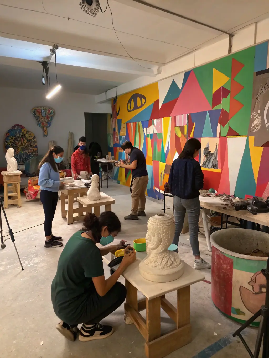 An image of artists engaged in a lively workshop, working with paints and sculptures, showcasing ATD's Artistic Workshops.
