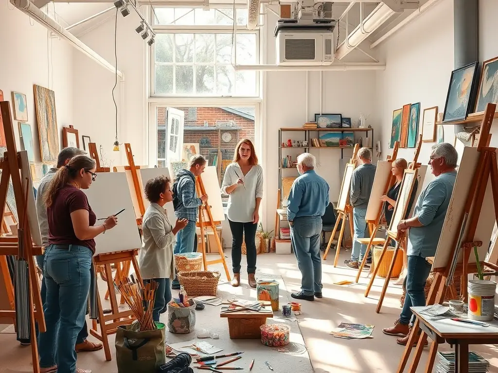 A vibrant image showcasing artists actively engaged in a collaborative painting session during one of ATD's artistic workshops, emphasizing hands-on learning and creative interaction.