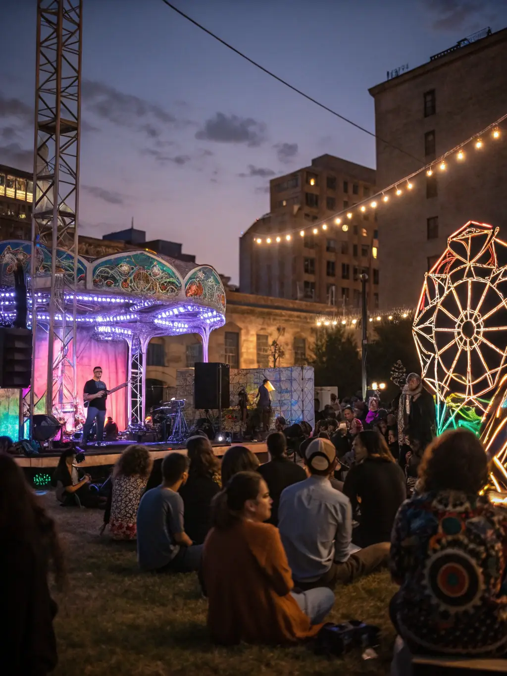A photograph of a cultural event organized by ATD in a public space, featuring art installations, performances, and community participation, capturing the vibrant atmosphere and cultural exchange.