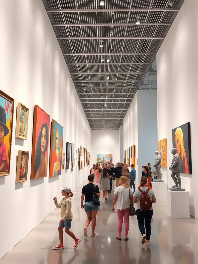 A vibrant gallery scene with multiple artworks displayed and visitors engaging with the art, representing ATD's Group Exhibitions.