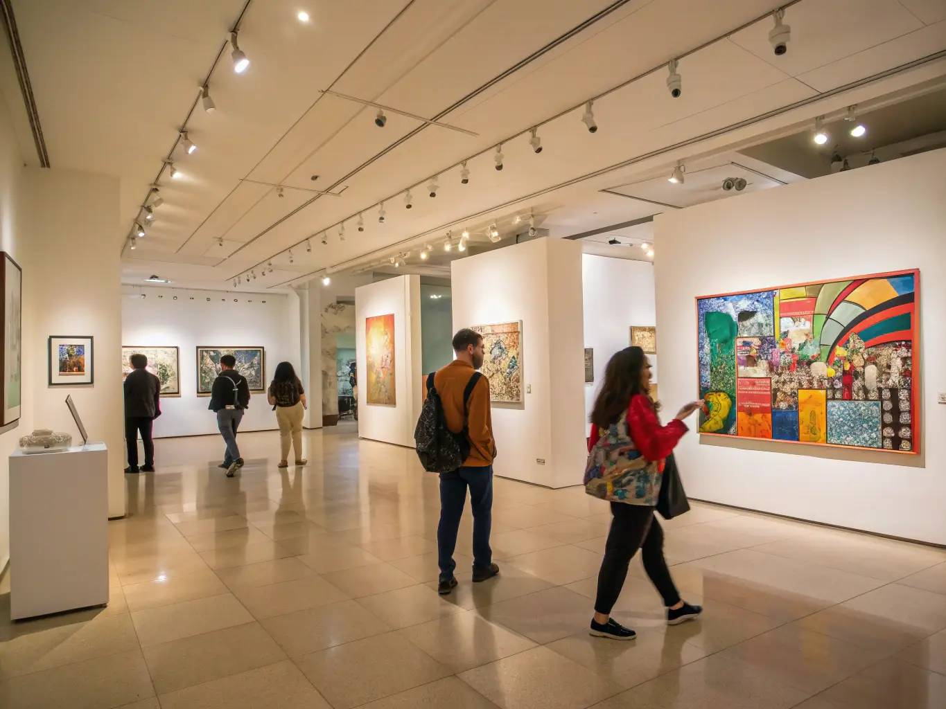 A dynamic photograph capturing the opening night of an ATD group exhibition, featuring artists and attendees admiring the diverse artworks on display.